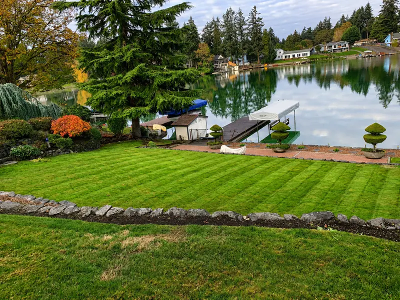 Lakeside lawn with paver walkway